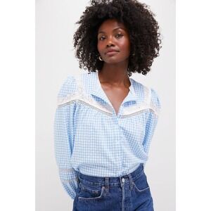 THE SHIRT Rochelle Behrens Pamela Gingham Eyelet Lace Cotton Blouse Blue White L